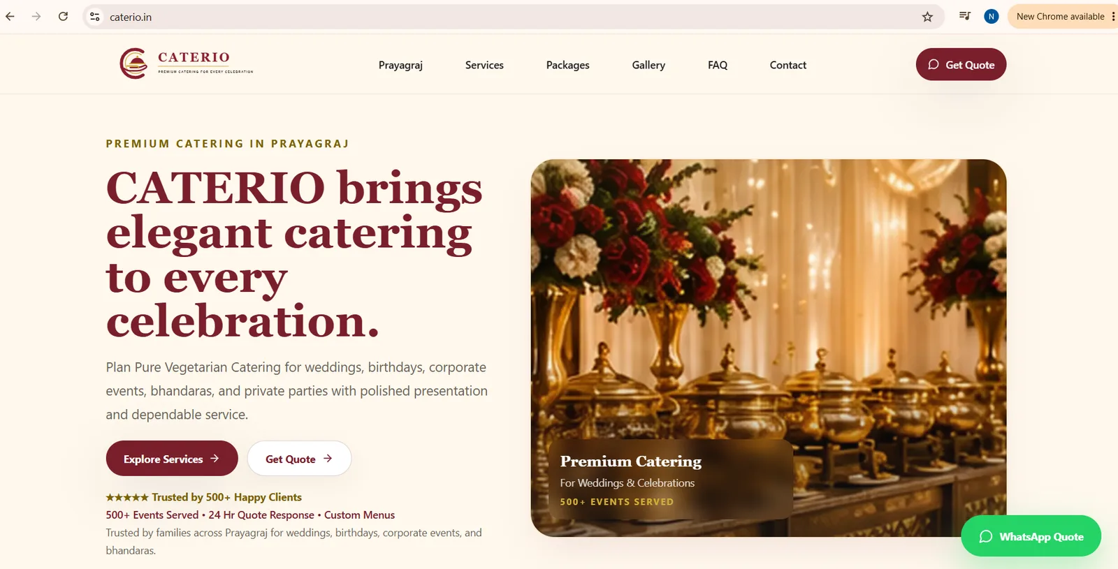 CATERIO catering website homepage in Prayagraj